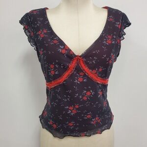 Romwe Fairy Grunge Whimsigoth Dark Floral Mesh Babydoll Top Size S Coquette